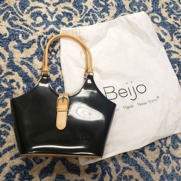 Beijo Handbags - Beijo Black Patent Leather tan Handles Bag NWOT